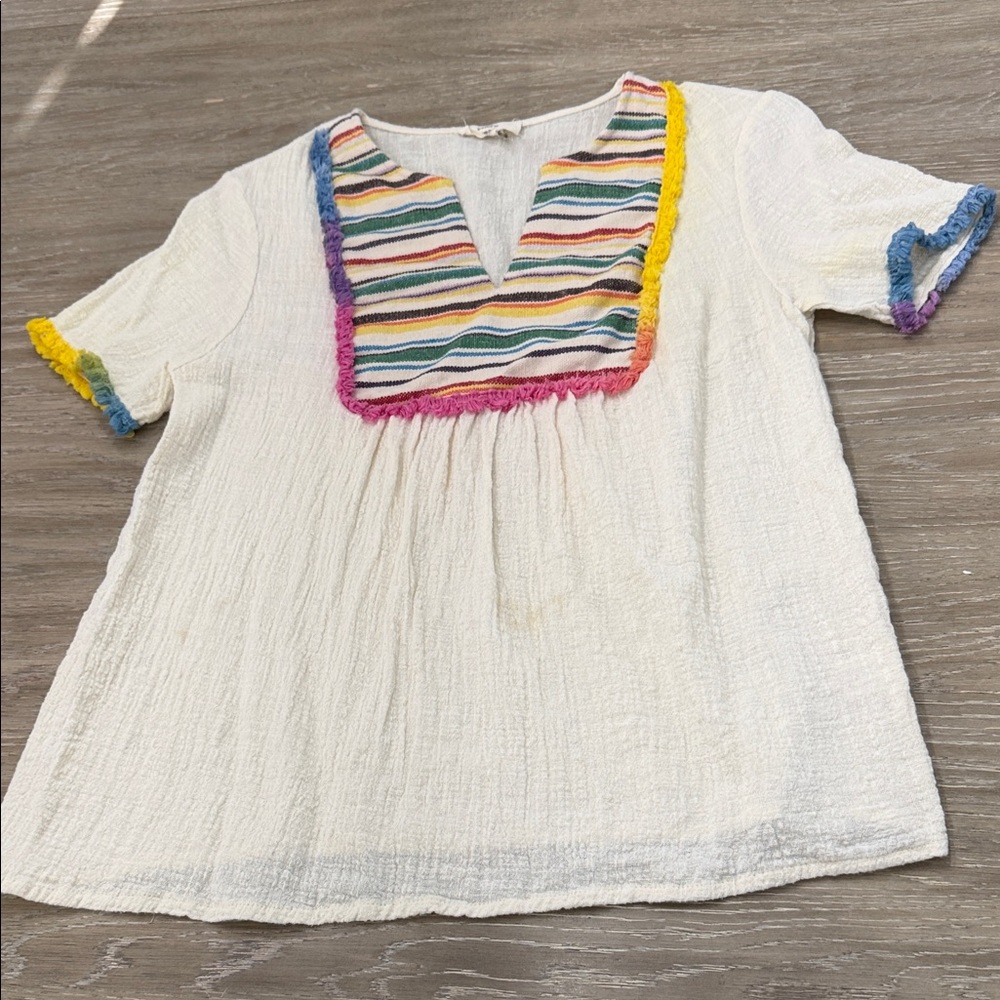 entro Cream Gauze Boho Peasant Top with Multicolor Trim